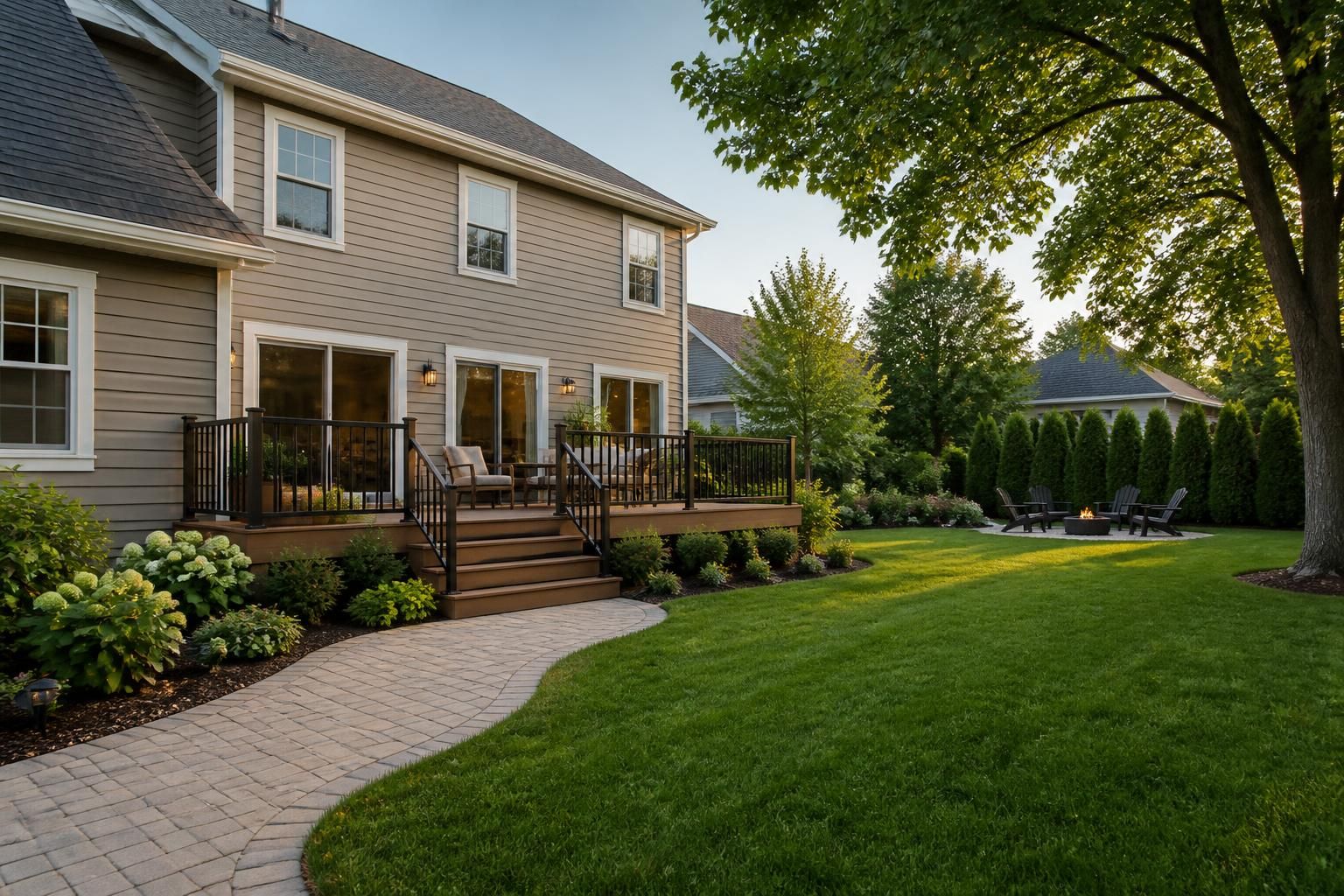Suburban home exterior with a deck overlooking a green backyard.