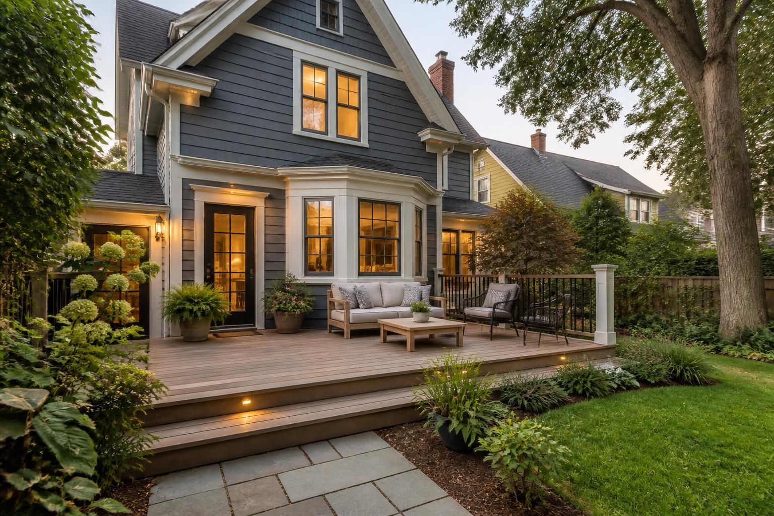 Charming home exterior with a clean updated deck.