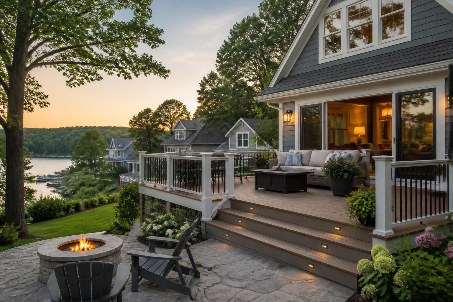 Lakeside-suburban home with a finished deck and outdoor living space.