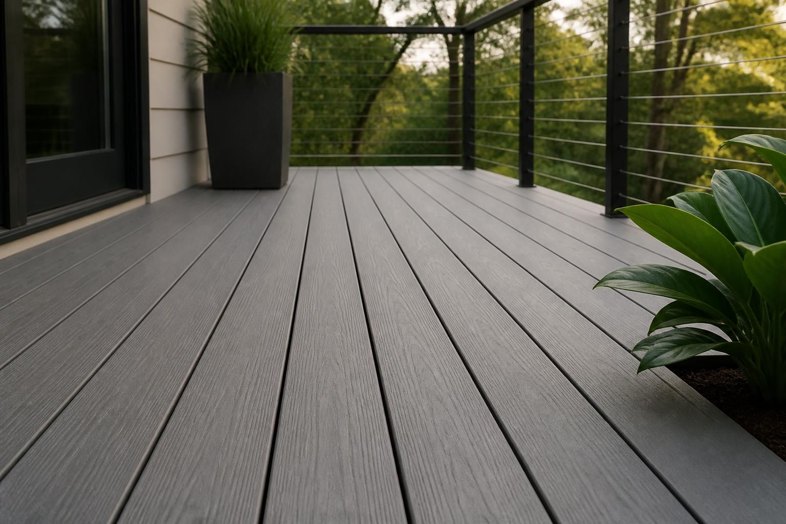 Finished composite deck surface with clean edges and modern railings.