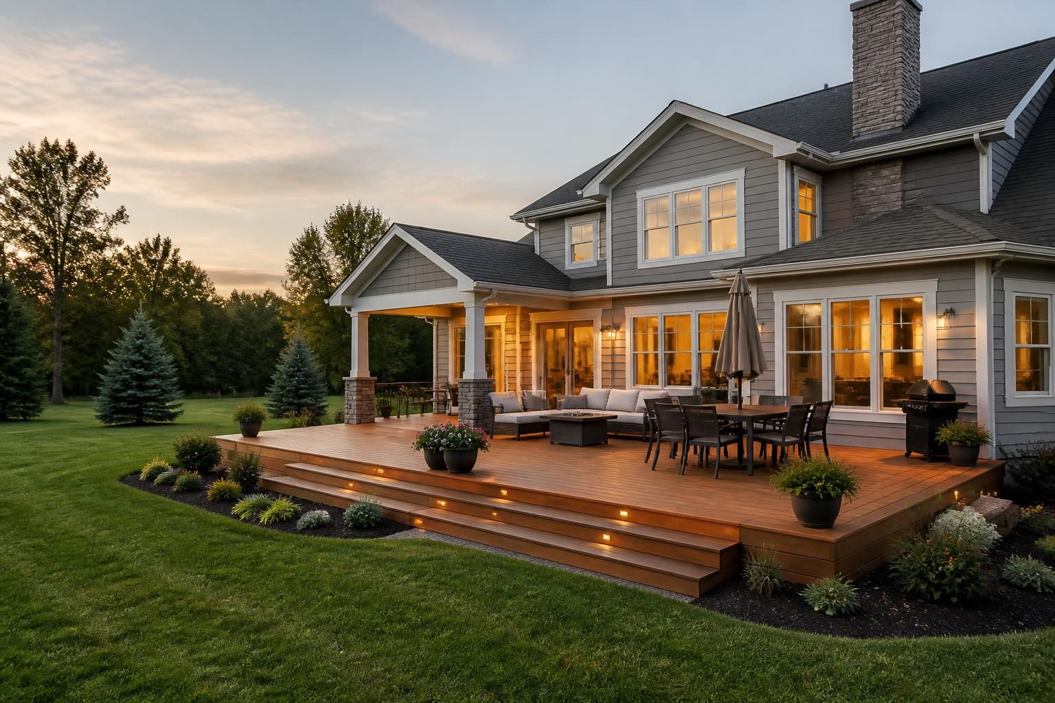Spacious home exterior with a newly finished deck and open yard.