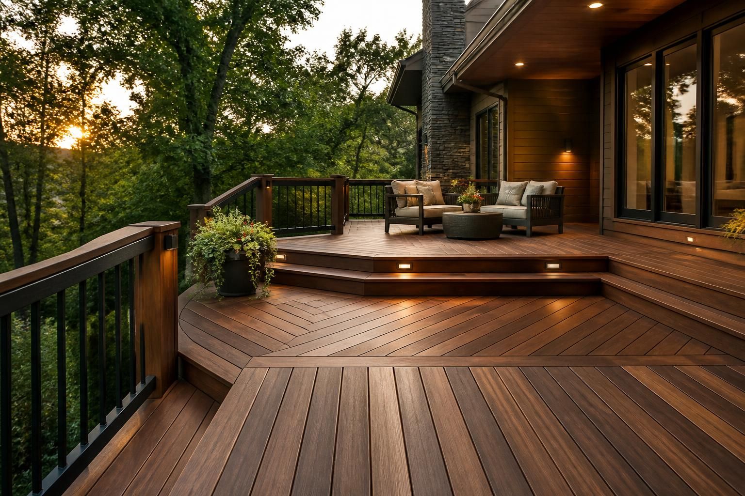 Custom-built deck with unique angles, wood tones, and refined railings.
