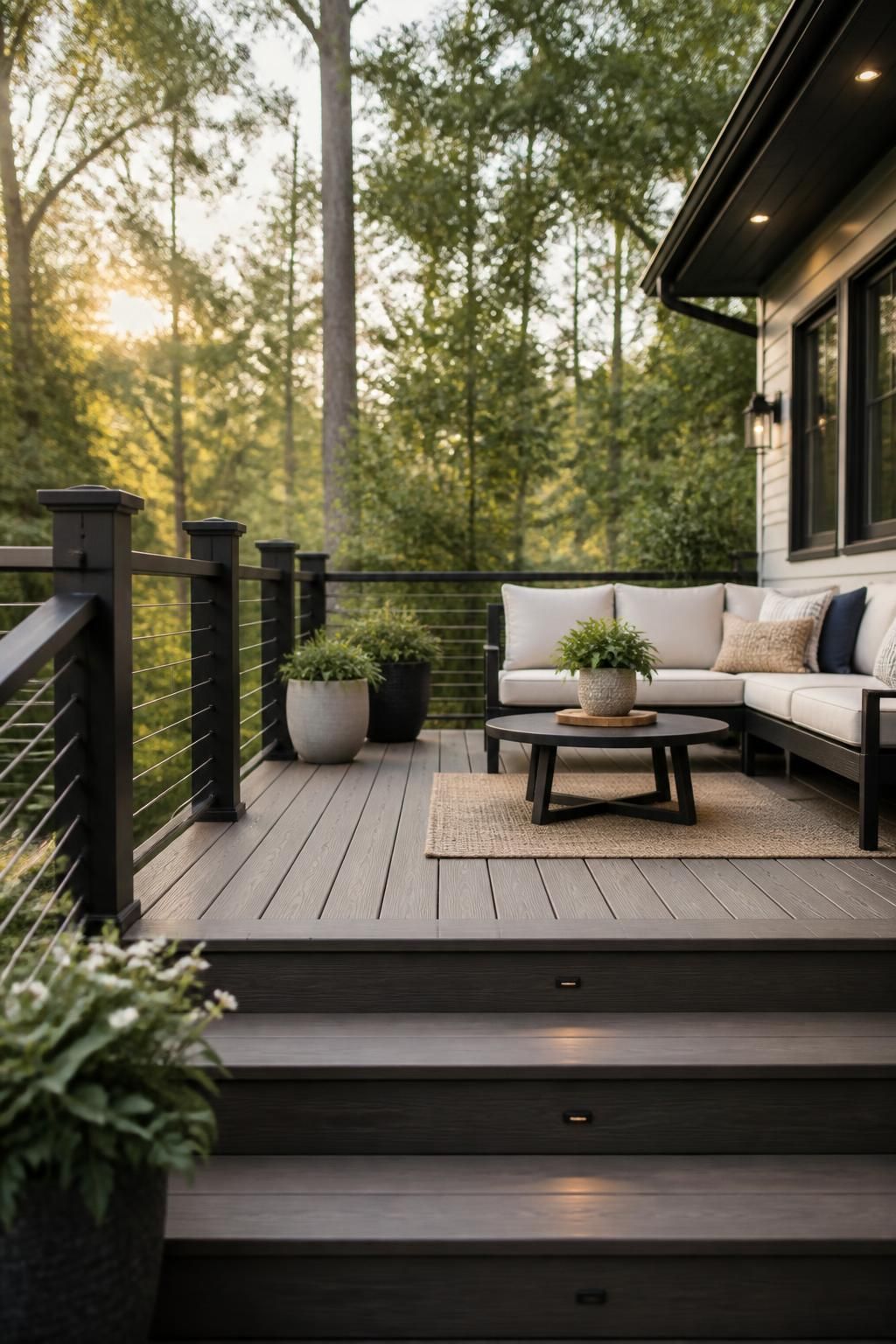 Modern outdoor deck with seating area and clean custom railings.