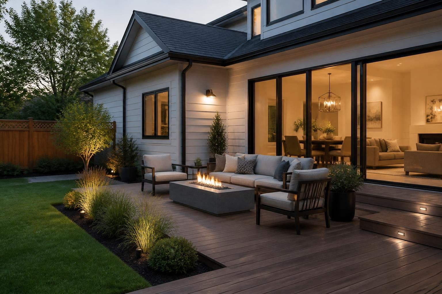 Contemporary home exterior with an inviting backyard deck.