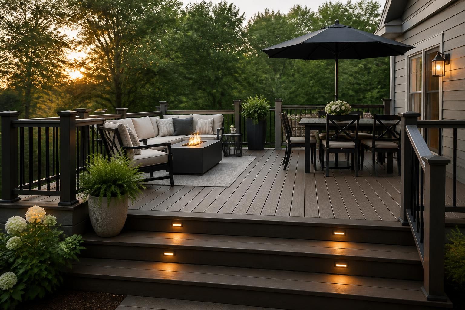 Thoughtfully designed deck layout with seating zones and clean lines.