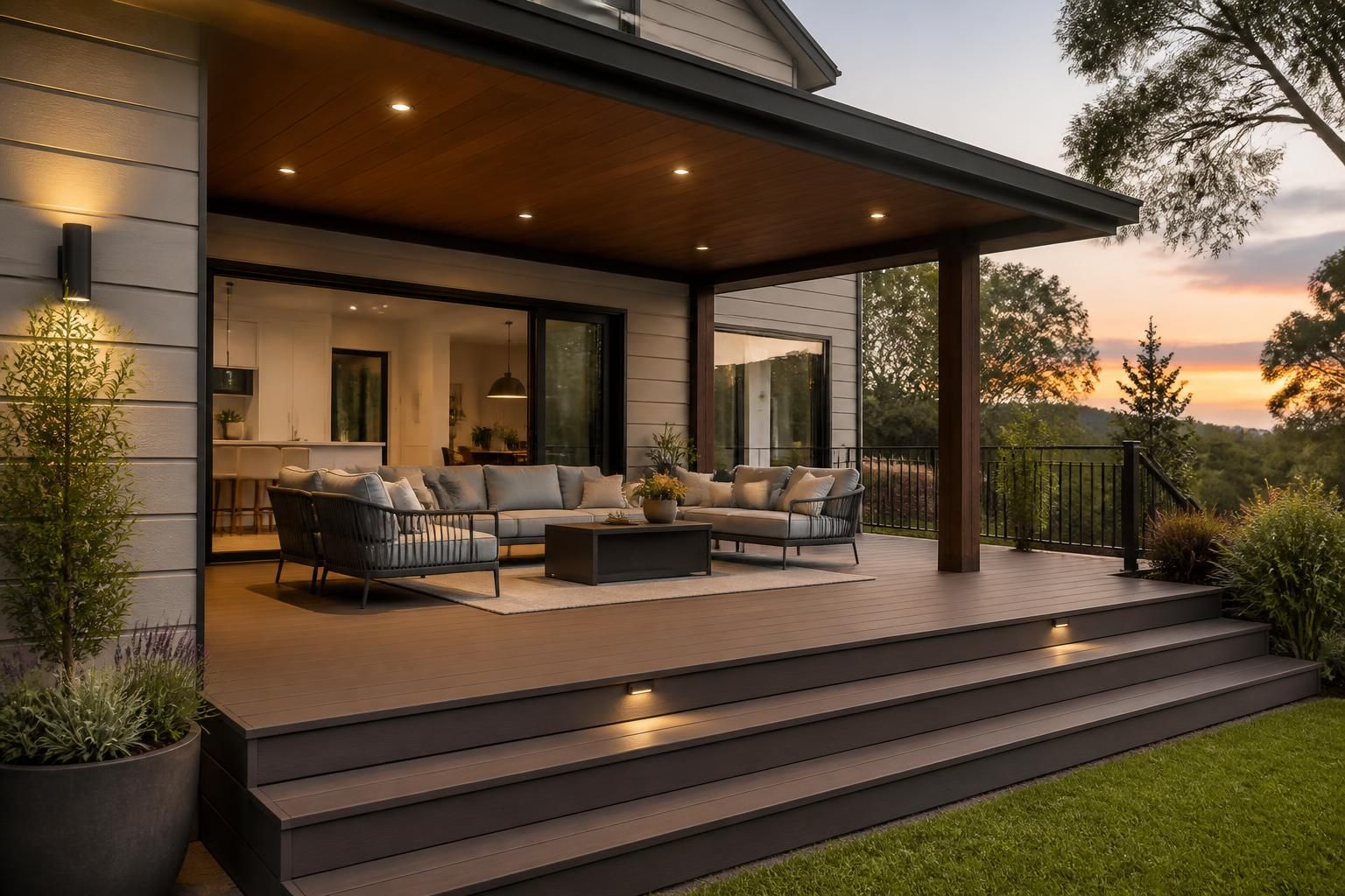 Expanded deck with a larger finished outdoor living area.