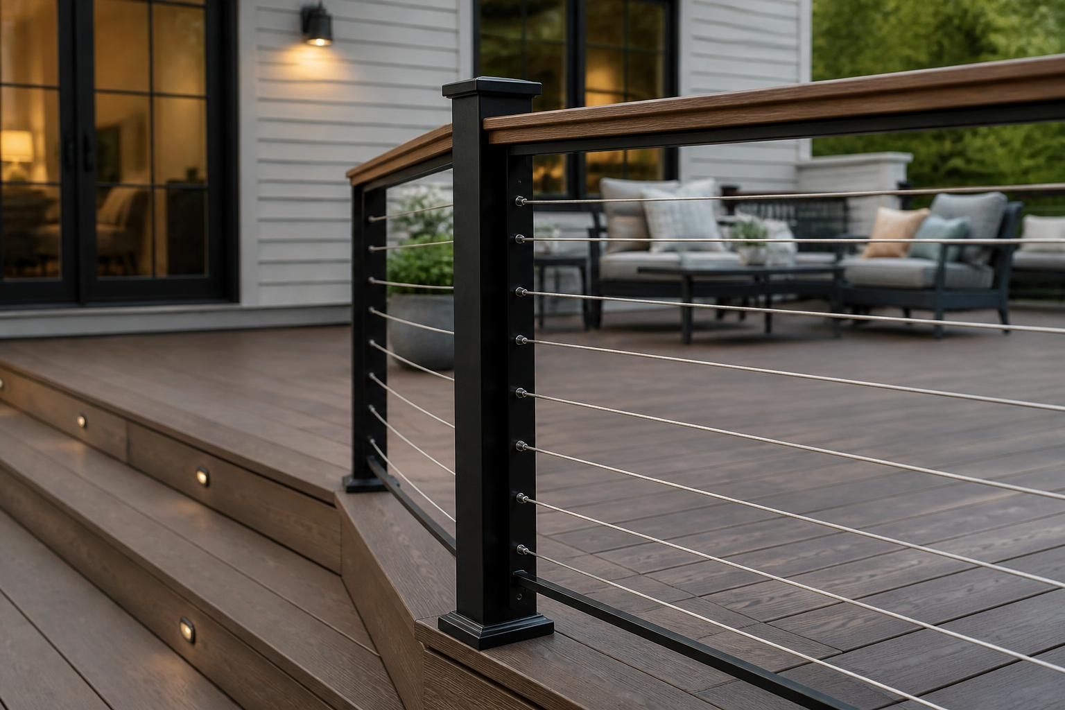 Modern deck railings on a finished outdoor deck.