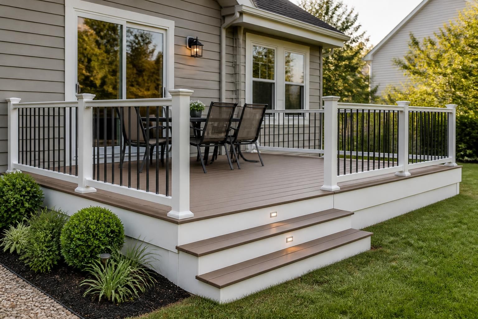Newly replaced deck with upgraded boards and railings.