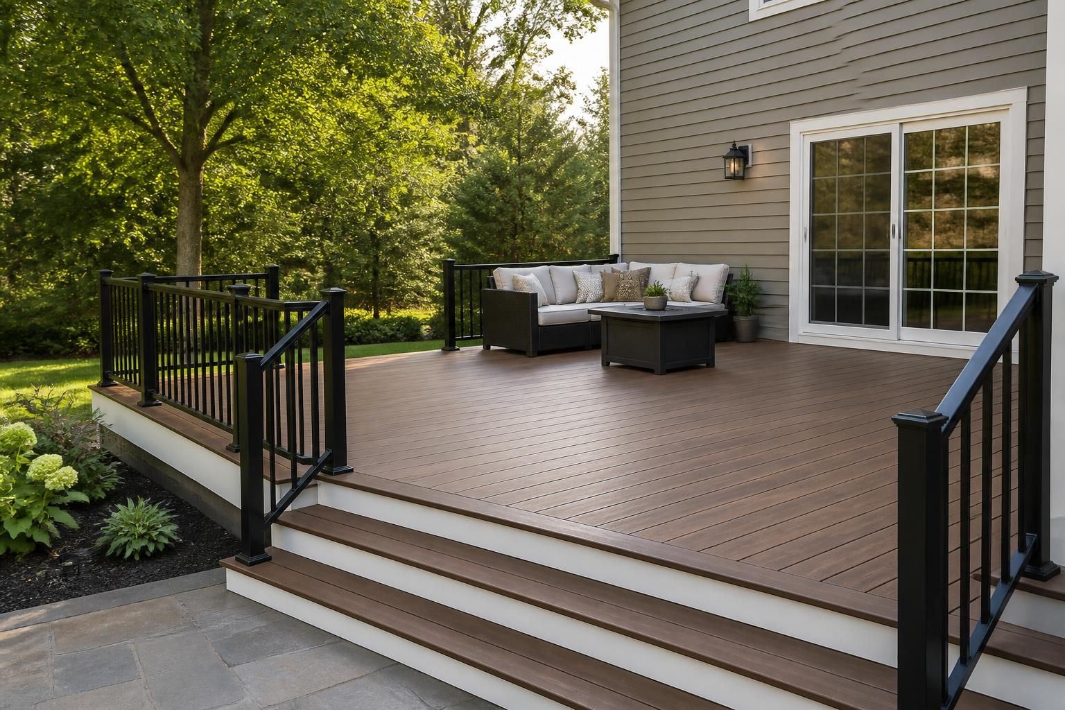 Refreshed deck replacement with upgraded railings and clean exterior setting.