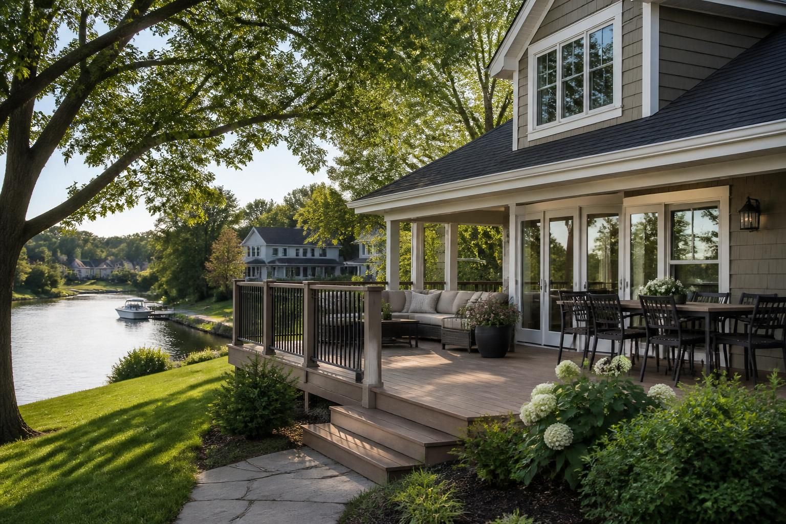 Suburban home with a large finished deck and natural greenery.