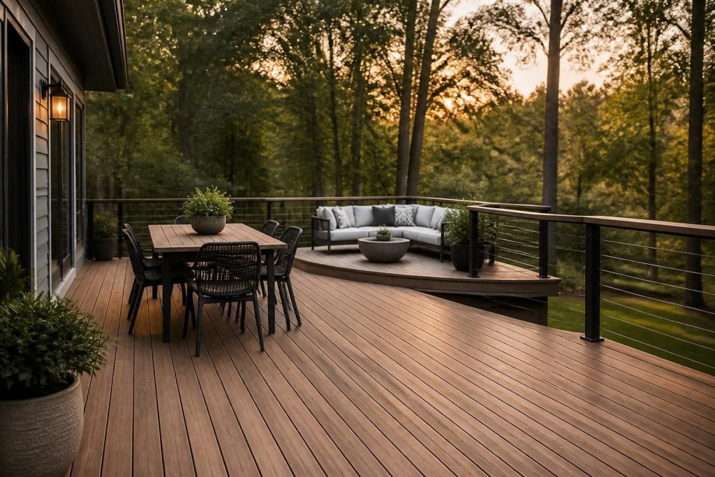 Finished backyard deck with wood tones, modern railings, and natural light.