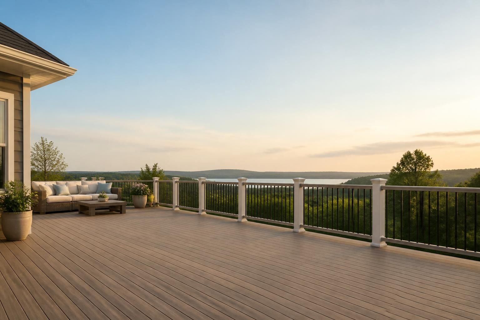 Spacious finished deck with open seating area and natural light.