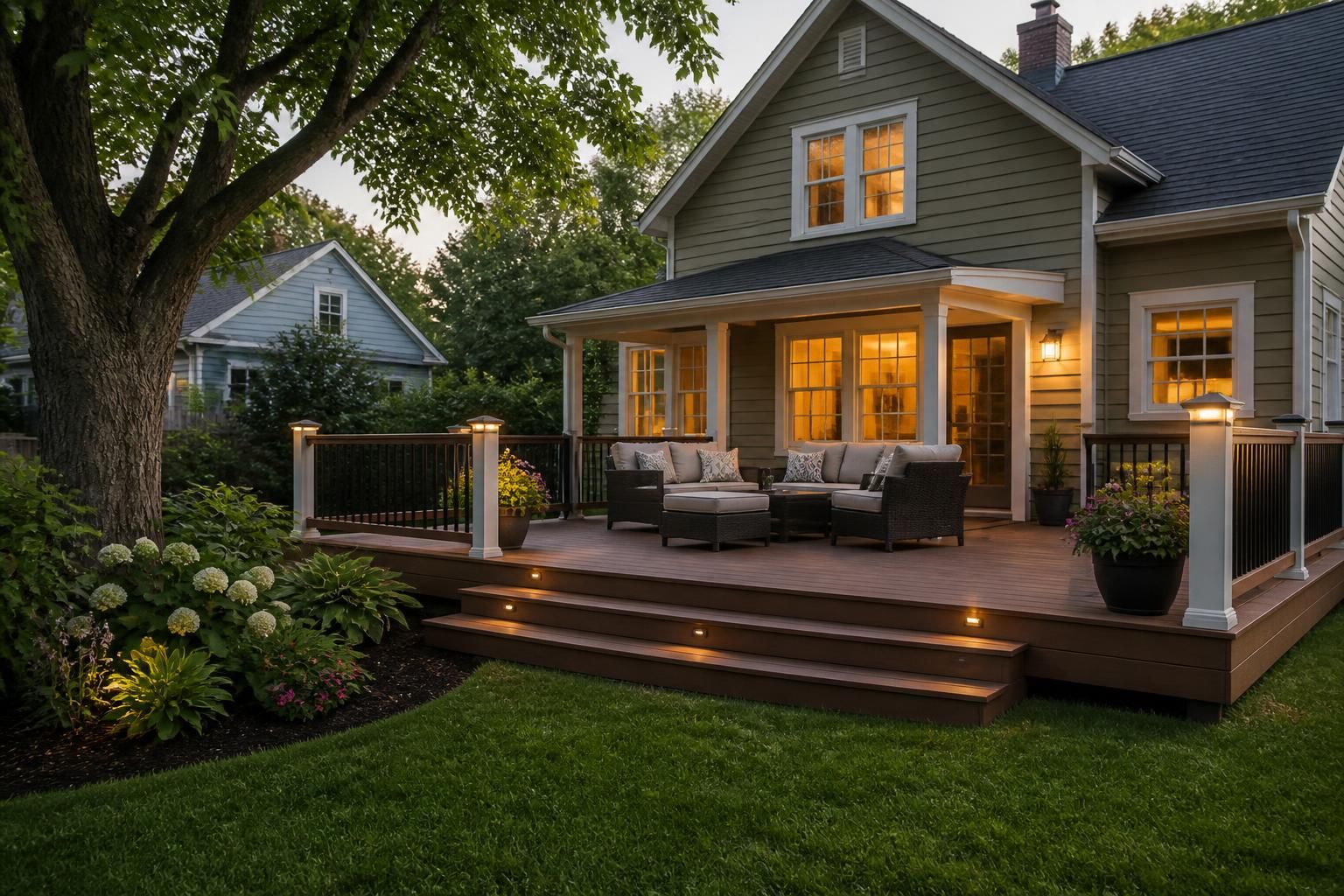 Small-town home with mature trees and a finished backyard deck.