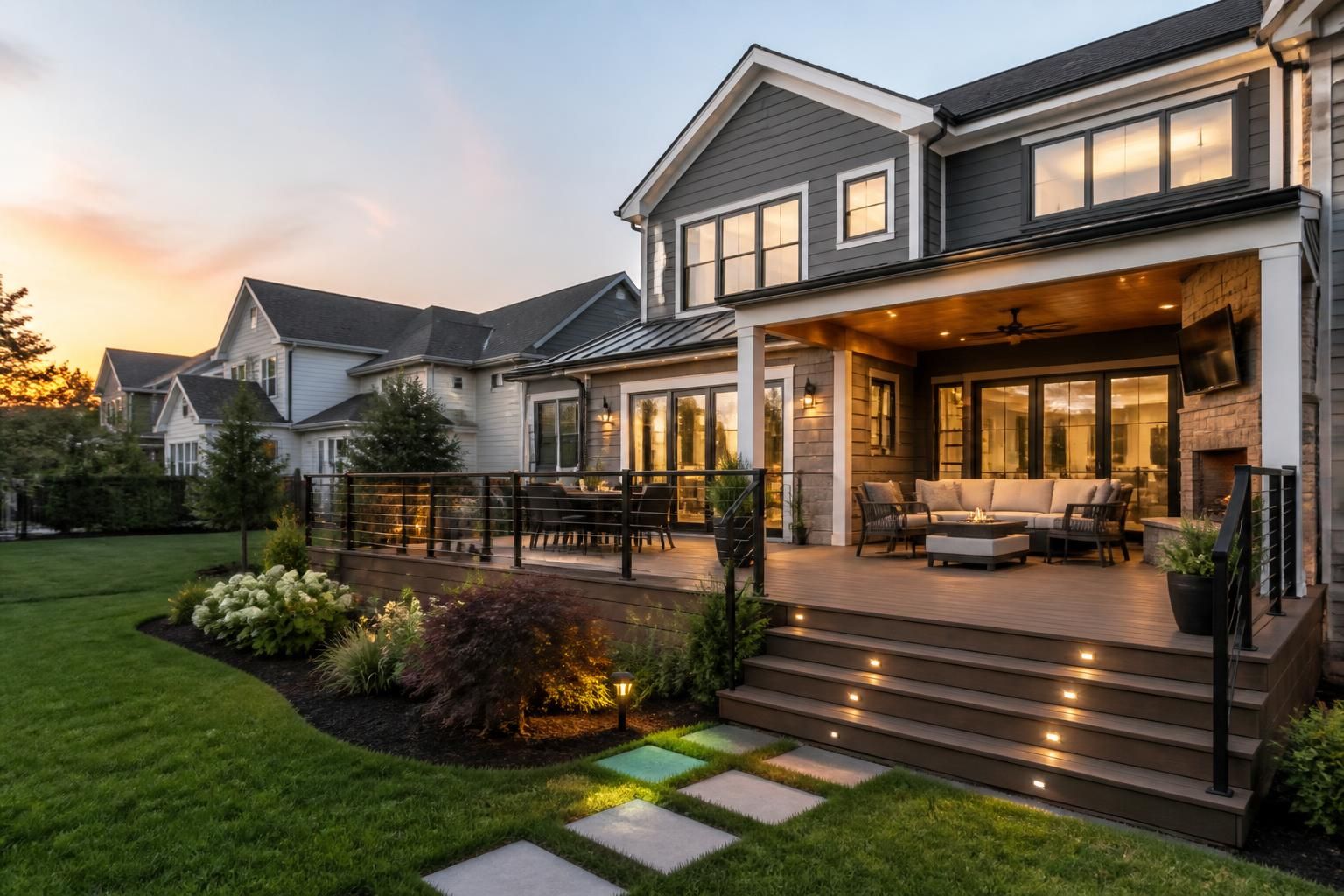 Modern home with landscaped lawn and prominent custom deck.