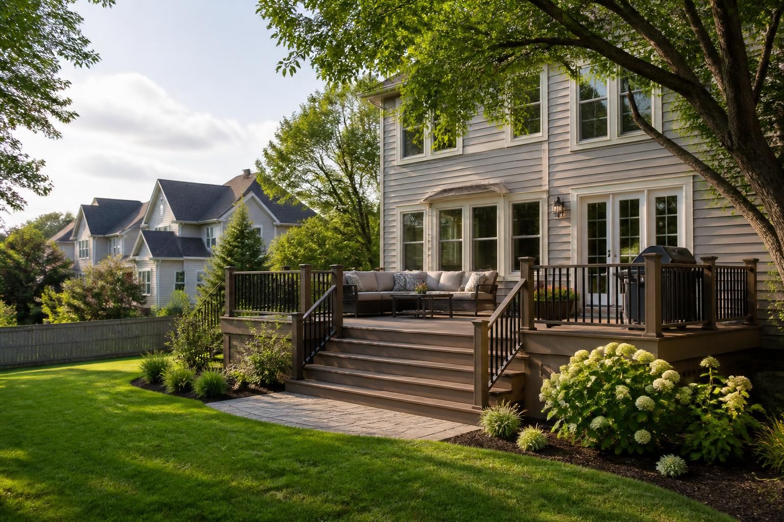 Suburban neighborhood with homes featuring spacious backyard decks.