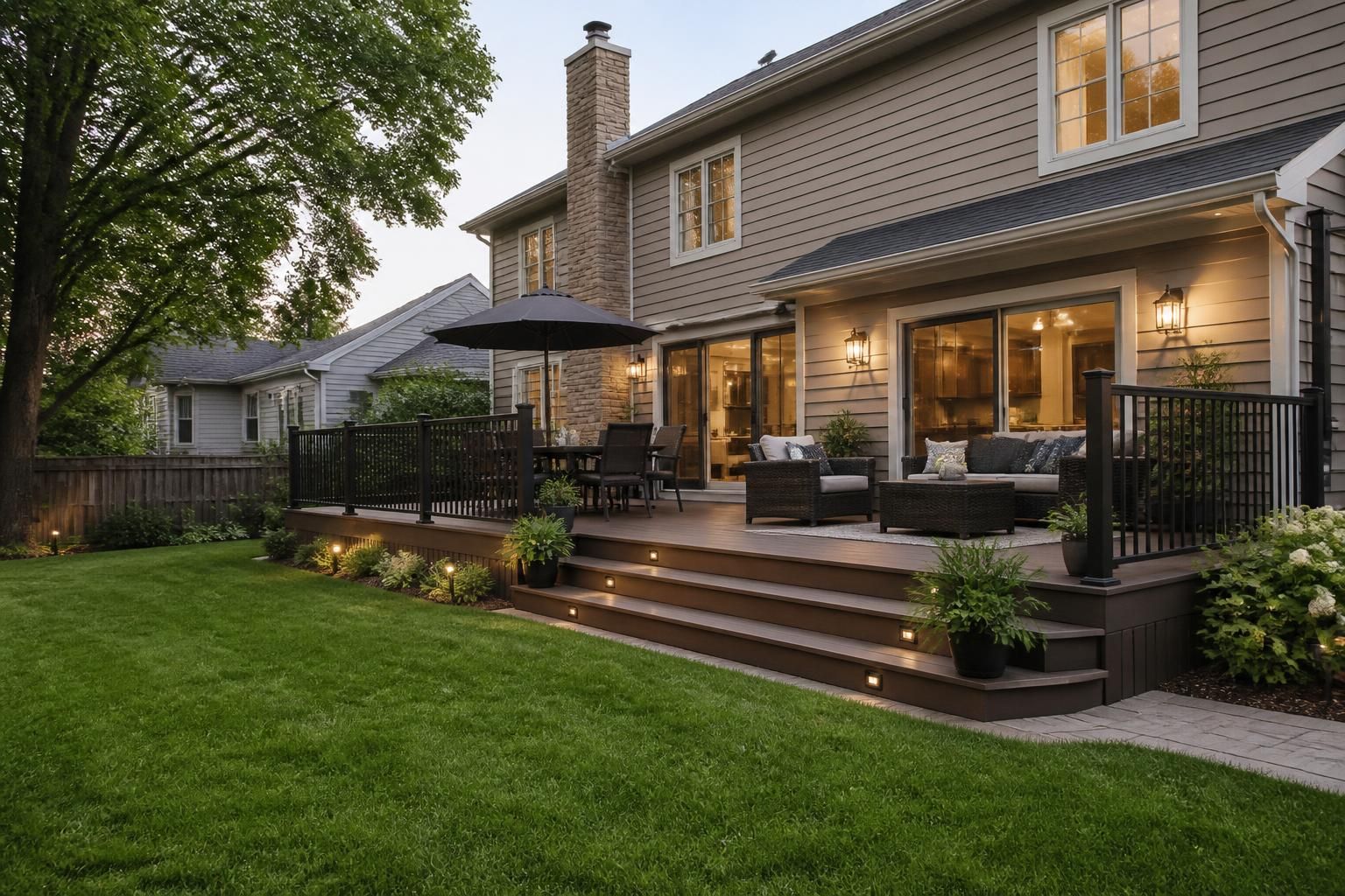 Well-maintained home with a finished deck extending into the backyard.