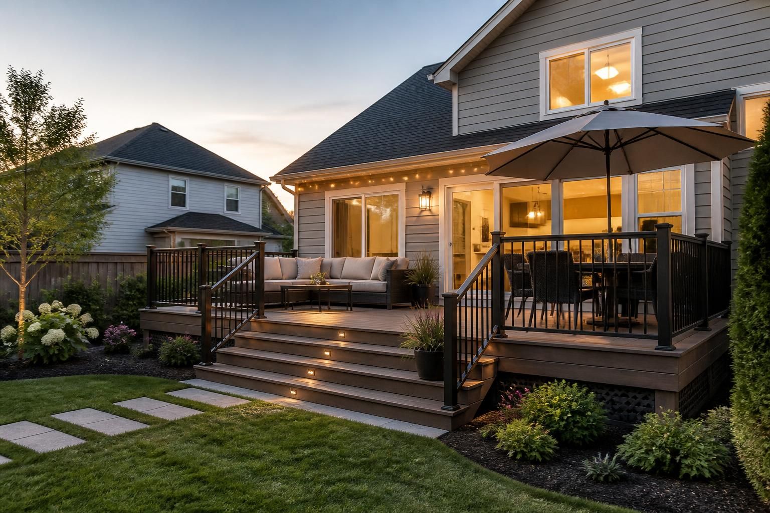 Residential neighborhood with a modern home and finished backyard deck.