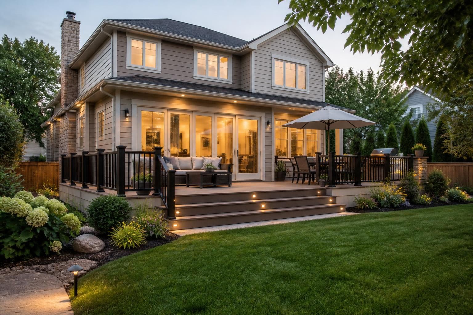 Residential home with landscaped yard and finished deck.
